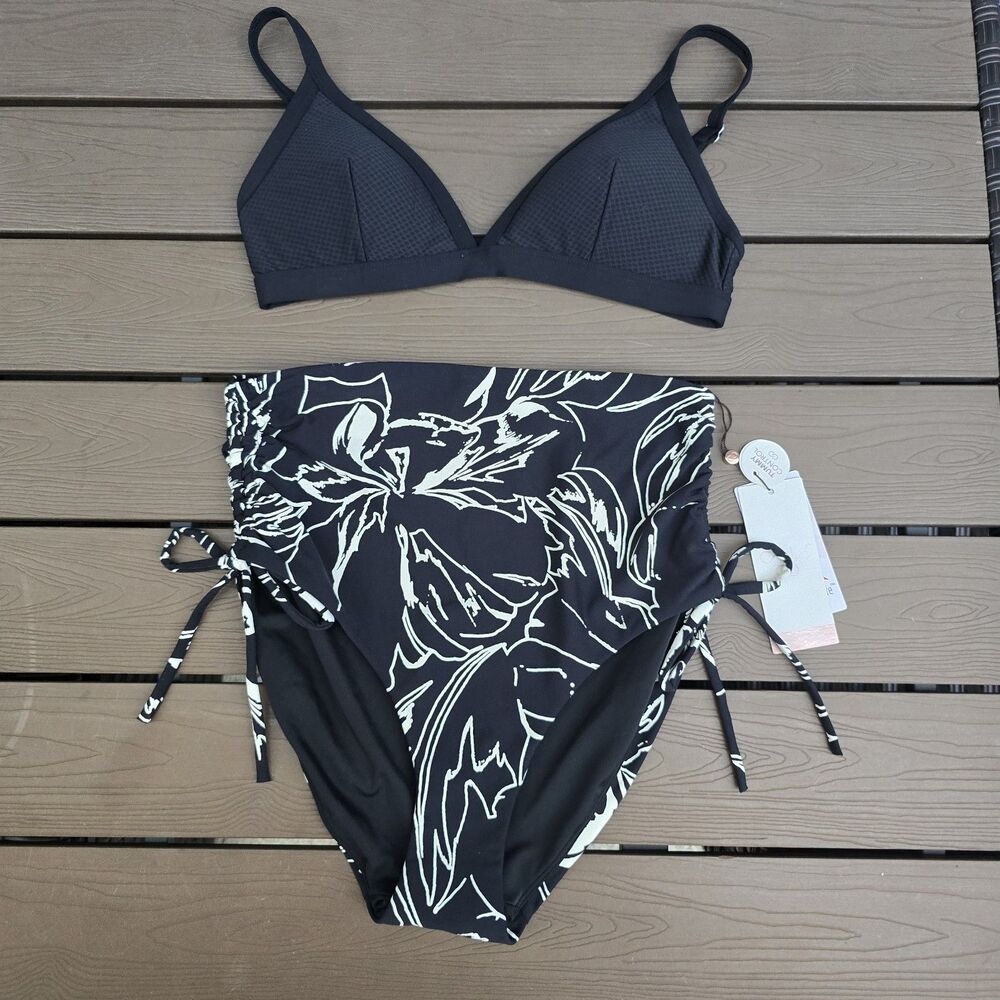 CALIA Women Black Triangle Top & High Rise Adjustable Bikini Sz S New